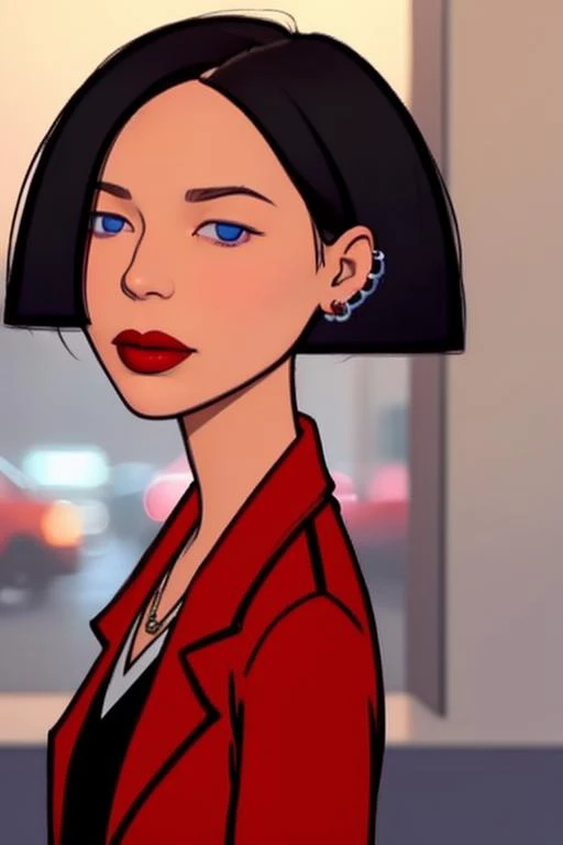 <lora:jane_lane_daria_j4n3l4n3-16:0.75> j4n3l4n3, black hair, 1girl, solo, short hair, lipstick, jacket, makeup, blue eyes, red jacket, bob cut, shorts, jewelry, earrings, red lips, shirt, pantyhose, upper body, fcPortrait_Force_Portrait, portrait, close up, looking at viewer, portrait, close up,