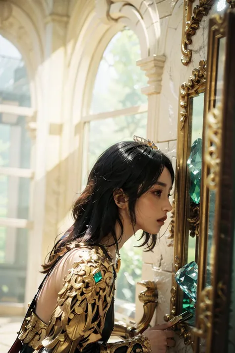 ( view from below:1.4), ( view from afar:1.4),(realistic:1.3), finely detailed, quality, rembrandt lighting, (masterpiece:1.2), (photorealistic:1.2), (best quality), (detailed skin:1.3), (intricate details), (dramatic:1.2), ray tracing, final fantasy, 1girl, (Diadema with crystal:1.2), in light ((fantasy:1.2) armor:1.2), (mint hair:1.2), 21 years old, medium breasts, fog,
, in the castle, in huge royal hall, (mirrors:1.1), gold, (marble:1.2)
<lora:spotlight:0.7>