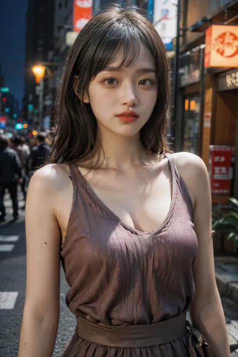 1girl, Tokyo street,night, cityscape,city lights,upper body,close-up,smile,, (8k, RAW photo, best quality, masterpiece:1.2),(realistic, photo-realistic:1.37),