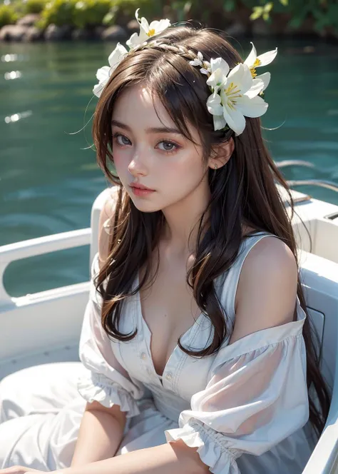 1girl, white dress, Sit on the boat, flowers, fashionable accessories, (realistic detailed eyes, natural skin texture, confident expression), sun light, golden time, Sun shines through hair, shallow depth of field, bokeh, sharp details, highly detailed, hyper-realistic, 50mm lens, naturally blurred background.