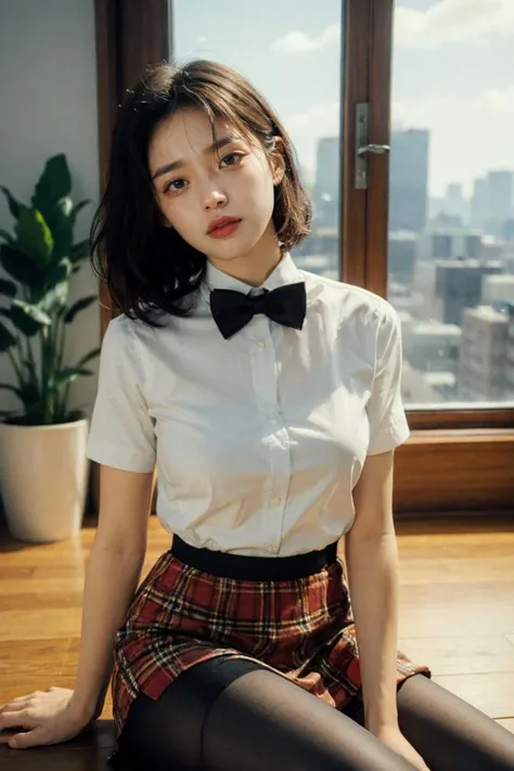 bestquality,masterpiece,highres(photorealistic:1.4),4k,1girl,jkstyle,shortsleeves,skirt,pleatedskirt,cityscape,indoors,tiedhair,headtilt,hairtie,bowtie,blackshirt,,texture,window,plaid_skirt,Highqualityshadow,Whitepantyhose,Singlelightsource,blurryforeground,depthoffield,lowkey,Filmlighting,