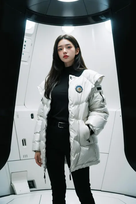 1 woman, solo, long hair, futuristic , coat ( by Alan Lee ) inside spaceship , captain bridge, crews high contrast negative space (masterpiece, best quality:1.3),