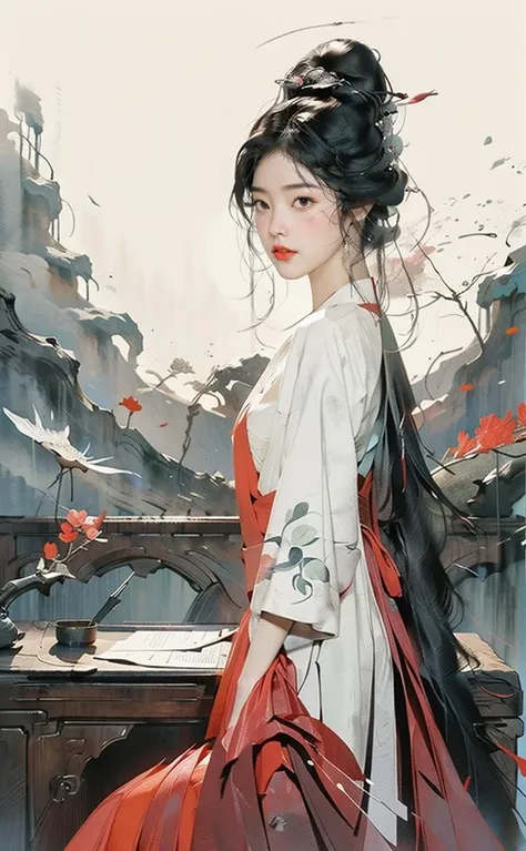 (1girl:1.4), Solo,,(((Breasts:1))),((Bianhua:1)),(Glowing atmosphere, charming light, glowing light, ethereal atmosphere, charming light, breathtaking Evocative tones, captivating colors, dramatic lighting, captivating aura), (woman sitting at a desk writing on paper, palace, (breast bare: 0.85), melancholy soft light, long wet hair, still from live action movie, streaming on twitch, realistic face, long red, connected, very very elegant, sadan blur, white face paint), ink painting, ((moon: 1)), (masterpiece, top quality , Best Quality, Official Art, Beautiful and Aesthetic: 1.2), Extremely Detailed, (Chinese Style: 1.2), (Concretism: 1.2), Dramatic Dance Scene, (Ultra Minimalism: 1.5), Colorful, Highest Detail ,<lora:C_gongbi:0.9> <lora:Guofeng minimalism_20230707020248:0.5>