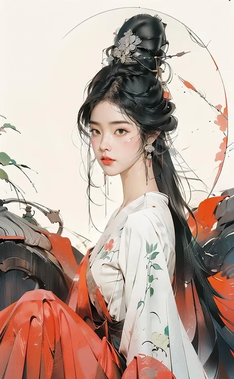 (1girl:1.4), Solo,,(((Breasts:1))),((Bianhua:1)),(Glowing atmosphere, charming light, glowing light, ethereal atmosphere, charming light, breathtaking Evocative tones, captivating colors, dramatic lighting, captivating aura), (woman sitting at a desk writing on paper, palace, (breast bare: 0.85), melancholy soft light, long wet hair, still from live action movie, streaming on twitch, realistic face, long red, connected, very very elegant, sadan blur, white face paint), ink painting, ((moon: 1)), (masterpiece, top quality , Best Quality, Official Art, Beautiful and Aesthetic: 1.2), Extremely Detailed, (Chinese Style: 1.2), (Concretism: 1.2), Dramatic Dance Scene, (Ultra Minimalism: 1.5), Colorful, Highest Detail ,<lora:C_gongbi:0.9> <lora:Guofeng minimalism_20230707020248:0.5>