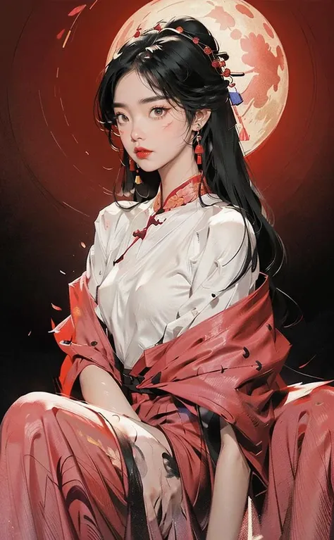 (1girl:1.4), solo,((nude:1)),(((small breasts:1))), ((Hibiscus:1)), (Glowing ambiance, enchanting radiance, luminous lighting, ethereal atmosphere, mesmerizing glow, evocative hues, captivating coloration, dramatic lighting, enchanting aura), (a woman sitting at a desk writing on a piece of paper, palace, (boobs naked:0.85),melanchonic soft light, wet dripping long hair, still from a live action movie, streaming on twitch, photorealistic faces, with a long red, connectedness, very very elegant, sadan vague, white facepaint), ink painting, ((moon:1)),  (masterpiece, top quality, best quality, official art, beautiful and aesthetic:1.2), extreme detailed, (chinese style:1.2),(concretism:1.2),theater dance scene,(hypermaximalistic:1.5),colorful,highest detailed, <lora:Guofeng minimalism_20230707020248:0.9>