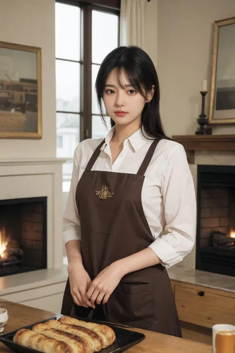 ((Masterpiece, Best quality, Photorealistic, High quality texture, High definition, intricate, detailed)),(realistic details texture:1.2),
(realistic, realistic_background, high_resolution, distinct_image:1.2),
a woman in an apron holding a fire in a room with windows and a fire place in the background, Chizuko Yoshida, official art, remodernism, a character portrait,Gucci, smail, big smail,