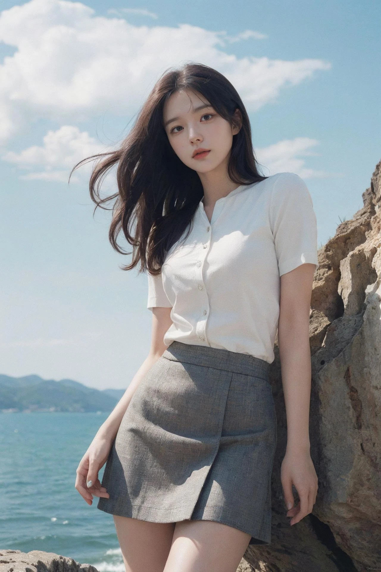((Masterpiece, Best quality, Photorealistic, High quality texture, High definition, intricate, detailed)),(realistic details texture:1.2),
(realistic, realistic_background, high_resolution, distinct_image:1.2),
a woman in a short skirt standing on a rock with her hair blowing in the wind and clouds in the background, Chen Lu, dress, neo-dada, a poster