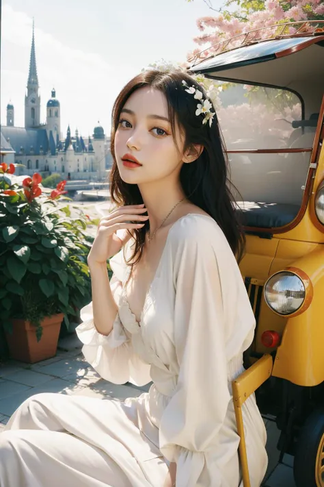 1girl, (by Álvaro Siza:1.1) and (Louis Icart:1.1) , minimalist art, artistic Digital art, autumn cityscape with Orchid, Neogothic Art, concept art, long shot of a Bavarian ([Townhouse:Tuk-tuk:4]:1.3) , the Townhouse is very Injured and [Sparkling:Narrative:1], it is engraved with Cashmere and Authentic patterns, it is anthropomorphic reimagined as a Wind Waker game character, plain Dichromatic background, at Midday, shallow depth of field, Masterpiece, Romantic, insane details, Indirect light, F/2.8, Cinestill, dark white dust particles, caustics, absurdres, arthouse