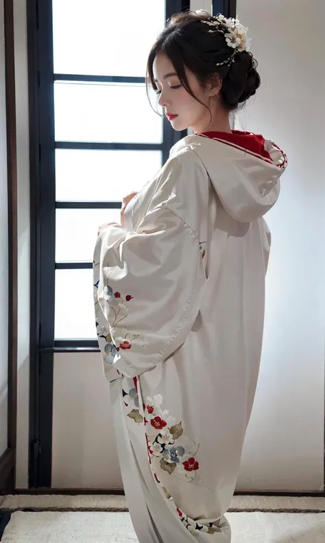 (masterpiece:1.2, best quality), (real picture, intricate details, cinematic lighting, backlighting, beautiful face),,20 years old girl, shiromuku, luxury, white kimono, hood,<lora:shiromuku3:0.85>, sad, closed eyes, head down, night, Fusuma. full body,