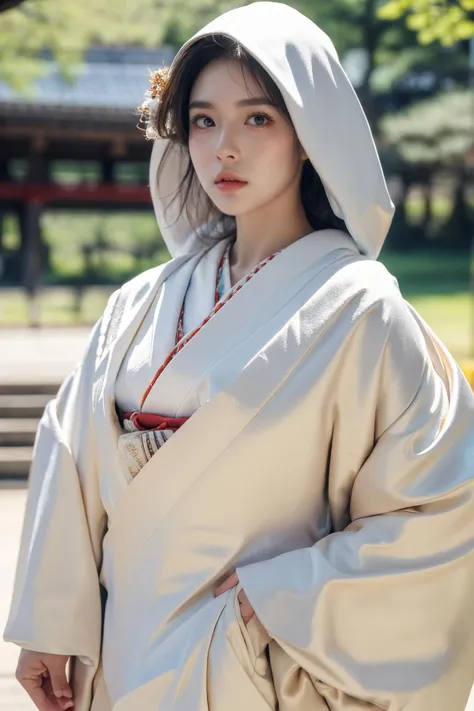 (Best Quality, Masterpiece:1.4), (Realism:1.2), (Realisitc:1.2), (Absurdres:1.2), (photorealistic:1.3), 1girl,Realistic Skin,Solo,( Very Big Eyes,beautiful detailed eyes, symmetric eyes), ((cowboy shot)), shiromuku, luxury, white kimono, hood,<lora:shiromuku3:0.85>, head down, outdoors, Kamidana