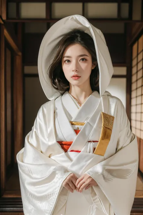(Best Quality, Masterpiece:1.4), (Realism:1.2), (Realisitc:1.2), (Absurdres:1.2), (photorealistic:1.3), 1girl,Realistic Skin,Solo,( Very Big Eyes,beautiful detailed eyes, symmetric eyes), ((cowboy shot)), shiromuku, luxury, white kimono, hood,<lora:shiromuku3:0.85>, head down, outdoors, Kamidana