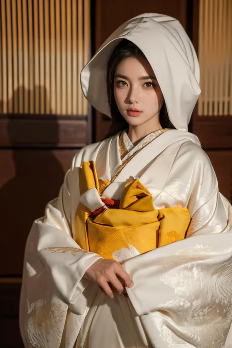 (Best Quality, Masterpiece:1.4), (Realism:1.2), (Realisitc:1.2), (Absurdres:1.2), (photorealistic:1.3), 1girl,Realistic Skin,Solo,( Very Big Eyes,beautiful detailed eyes, symmetric eyes), ((cowboy shot)), shiromuku, luxury, white kimono, hood,<lora:shiromuku3:0.85>, head down, night, Kamidana