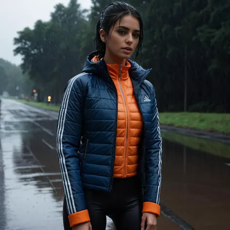 (dark cinematic still, dark vibes) sexy slim skinny one american 25 year old women ,unique, wearing a zipped up  blue and orange   from high collar and tsh cuffs black adidas_puffer_jacket, unique hair styles, 8k uhd, dslr, high quality, photorealistic, realism, hyperrealism,  ((heaving rain water droplets wet scene)) 
<lora:adidas_puffer_jacket_v1:0.6> <lora:add-detail-xl:3>