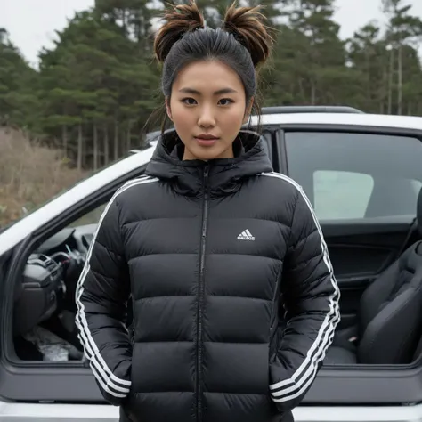 (dark cinematic still, dark vibes) sexy one japanese 25 year old women ,unique, wearing a hoodedblack adidas_puffer_jacket, unique hair styles, 8k uhd, dslr, high quality, photorealistic, realism, hyperrealism,  ((car scene)),
<lora:adidas_puffer_jacket_v1:0.7>