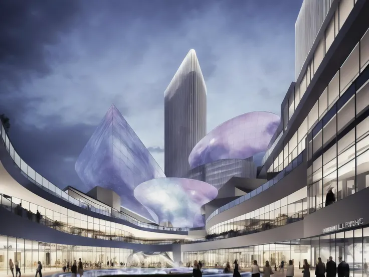perspective,Commercial internal square,mall,building,lighting,sky,tower