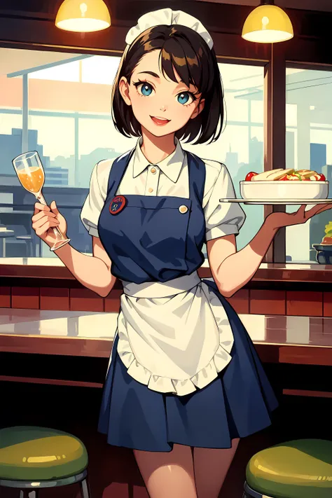 masterpiece, best quality, 1girl, solo, diner, waitress, holding a plate, happy, 1950s