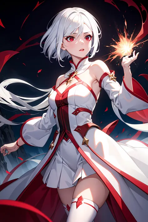 masterpiece, best quality, 1girl, solo, white hair, red eyes, white attire, magic particles, casting magic, fantasy, landscape