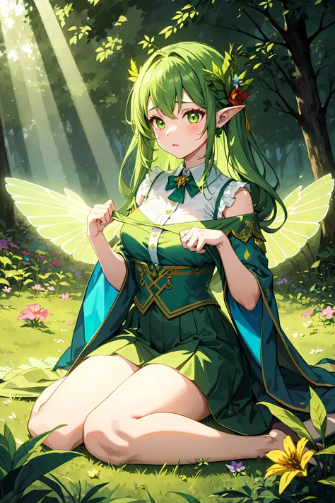 masterpiece, best quality, 1girl, solo, vibrant colors, forest nymph, green attire, forest, flowers, light rays, light particles