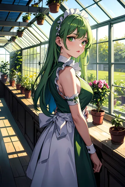 masterpiece, best quality, 1girl, solo, green hair, green eyes, plants, maid, greenhouse