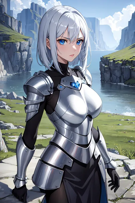 masterpiece, best quality, 1girl, solo, silver hair, blue eyes, light armor, landscape, determined