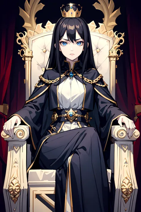 masterpiece, best quality, 1girl, solo, black hair, light blue eyes, pale skin, queen, crown, royal, throne, sitting on throne