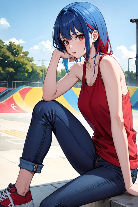 masterpiece, best quality, 1girl, solo, blue hair, red highlights, multicolored hair, tanktop, jeans, skatepark