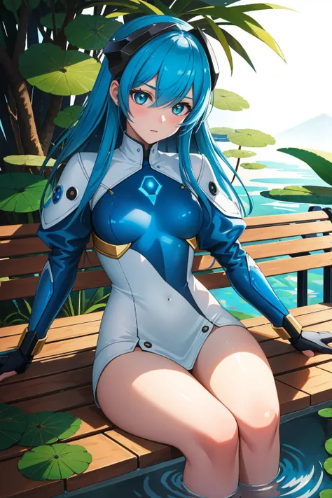 humanoid robot, 1girl, solo, blue hair, long hair, chinese ethnicity, robotic joints, black robot,medium breasts, cleavage, pigtaips, bangs, white and grey skin, blue eyes, outdoors, beach, sunlight, day, standing, skinny, athletic, short, blushing, sexy robot girl, pussy, covering breasts, crossed arms, robotic legs and arms,