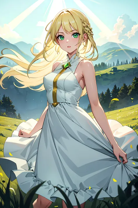 masterpiece, best quality, 1girl, solo, blonde hair, light green eyes, white dress, high grass, landscape, light rays, light particles