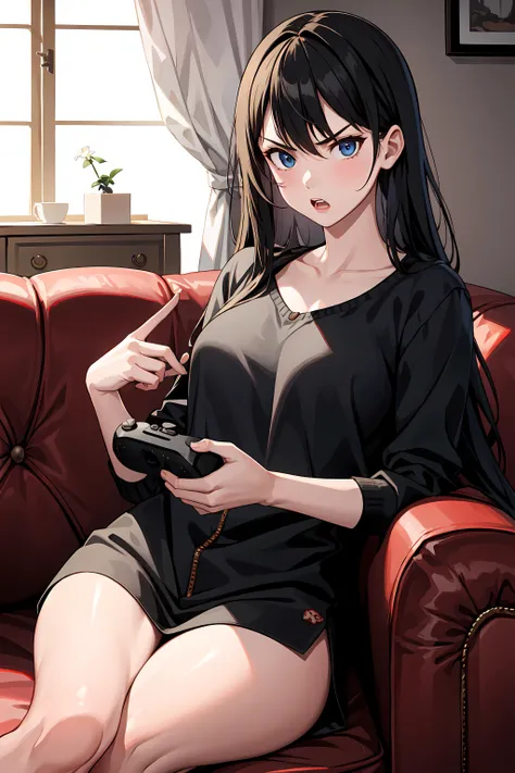 masterpiece, best quality, 1girl, solo, living room, sitting on couch, holding gamepad, angry