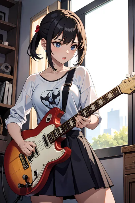 masterpiece, best quality, 1girl, solo, electric guitar, playing guitar