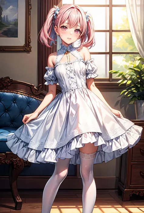 (masterpiece, best quality), 1girl, blue and white frill dress, (white stockings), pink hair, cute face, standing, indoor, intricate detail, sunlight, <lora:add_detail:1>