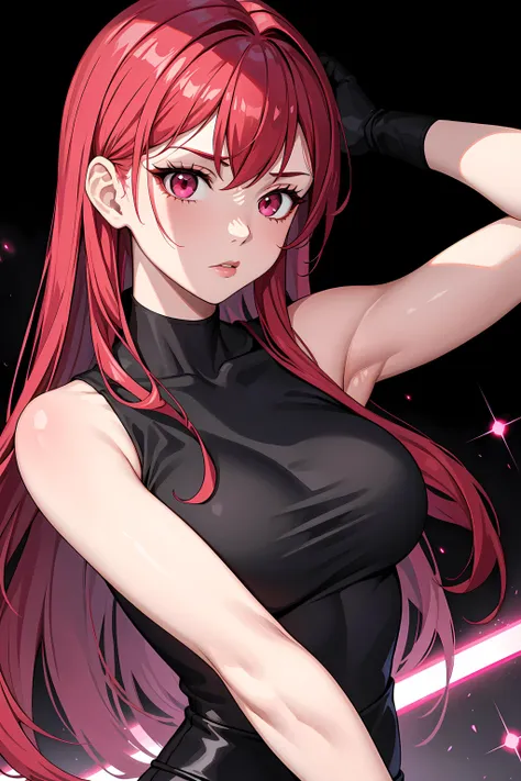 masterpiece, best quality, 1girl, solo, red hair, pink eyes, black shirt, grey vest, nightclub, lightshow