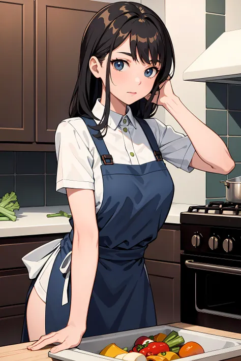 masterpiece, best quality, 1girl, solo, kitchen, apron, oven, steam, cutting vegetables