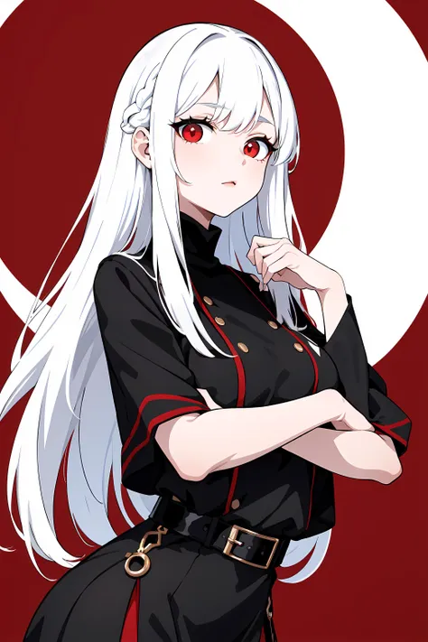 masterpiece, best quality, 1girl, solo, black hair, white hair, two-tone hair, multicolored hair, red eyes, red background, black buildings, white moon