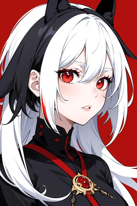 masterpiece, best quality, 1girl, solo, black hair, white hair, two-tone hair, multicolored hair, red eyes, red background, black buildings, white moon