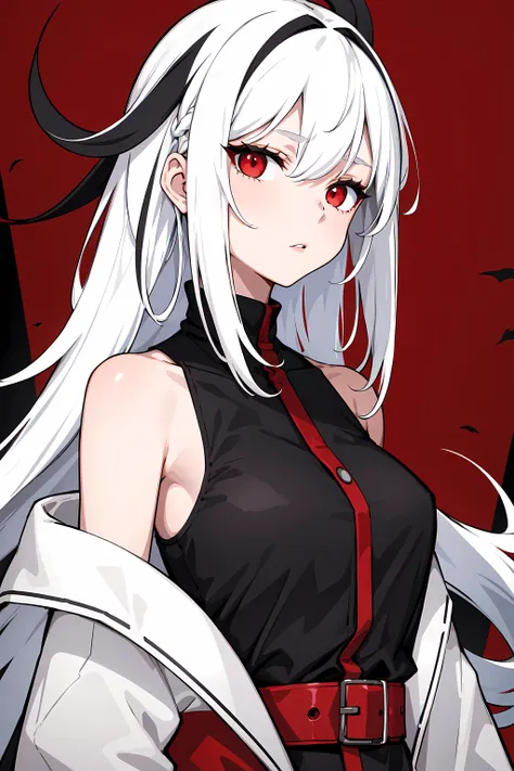 masterpiece, best quality, 1girl, solo, black hair, white hair, two-tone hair, multicolored hair, red eyes, red background, black buildings, white moon