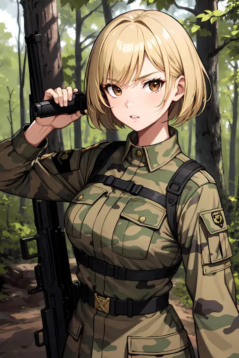 masterpiece, best quality, 1girl, solo, determined face, short hair, blonde hair, brown eyes, military outfit, camouflage, forest, holding gun, face markings