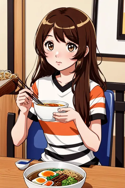 Emirichu, 1girl, brown hair, solo, retro artstyle, chopsticks, long hair, food, brown eyes, blush, eating, holding, striped shirt, holding chopsticks, looking at viewer, shirt, striped, 1990s (style), noodles, bangs, indoors, upper body, ramen, black shirt, chromatic aberration, film grain, animification, cup ramen, 1980s (style)