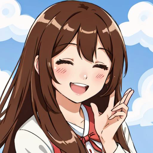 Emirichu, 1girl, solo, brown hair, one eye closed, smile, open mouth, brown eyes, looking at viewer, portrait, blush, bangs, long hair, hand up, ;d, outline