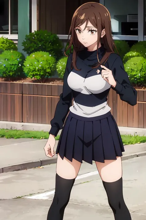 <lora:Emirichu:0.75> Emirichu, brown eyes, brown hair, long hair, striped, shirt, striped shirt, striped sweater, black skirt, pleated skirt, black thighhighs, <lora:Jujustsu_Kaisen_Style:0.75> jujutsu kaisen,, ultra detailed, masterpiece, best quality,