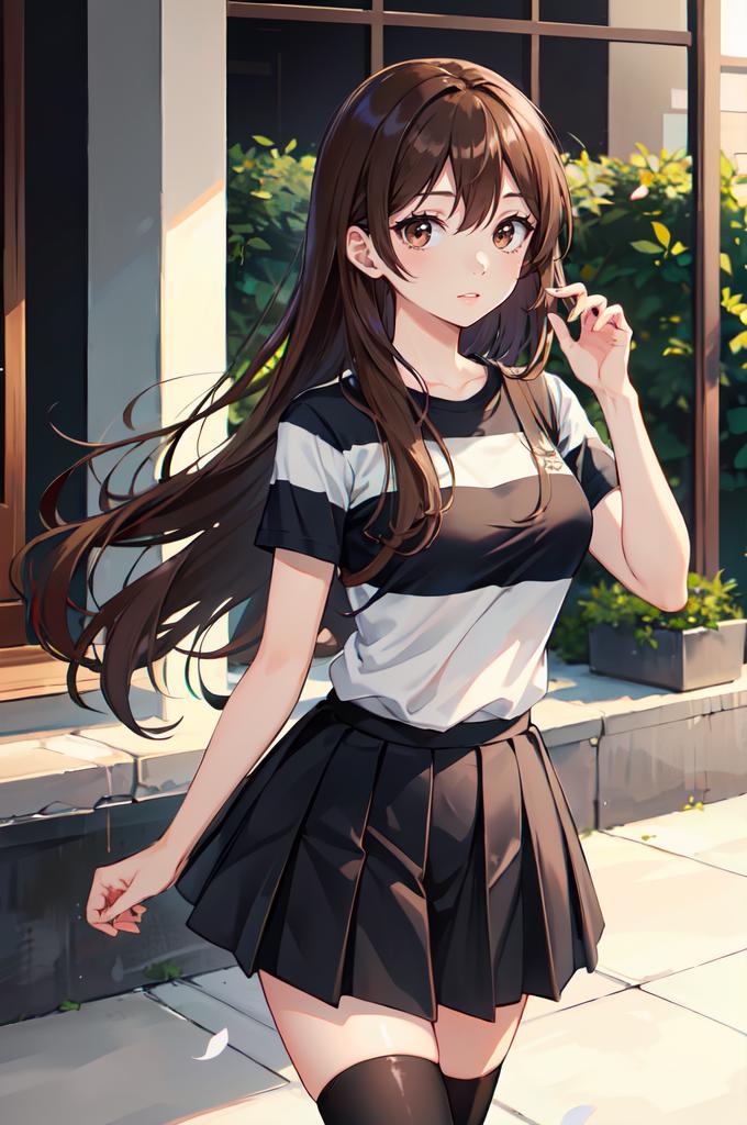 Anime girl in a short skirt and striped shirt walking down the street ...