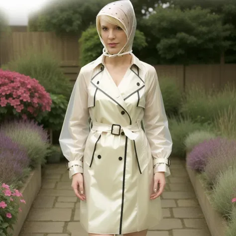 <lora:RainBonnet:1>
woman with blonde hair, rain_bonnet
wearing trench coat
in a garden