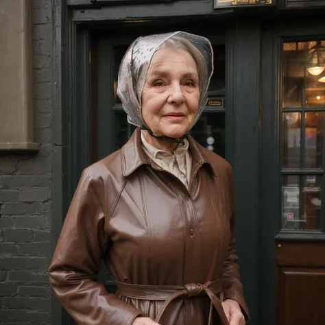 <lora:RainBonnet:0.9>
old woman with grey hair, rain_bonnet
wearing brown leather coat
outside an english pub