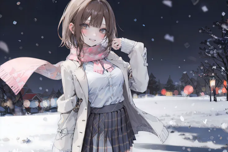 masterpiece,best quality,1girl,solo,medium breasts,skirt,scarf,smile,plaid,snowflakes,bangs,blush,cardigan,jacket,bow,bowtie,coat,buttons,miniskirt,grin,blurry,shirt,snow,snowing,fingernails,teeth,brown hair,red scarf,looking at viewer,school uniform,long sleeves,brown eyes,pleated skirt,sleeves past wrists,open clothes,plaid skirt,plaid scarf,blue skirt,cowboy shot,short hair,fringe trim,white shirt,pink bow,open jacket,blurry background,<lora:qy:0.7>,