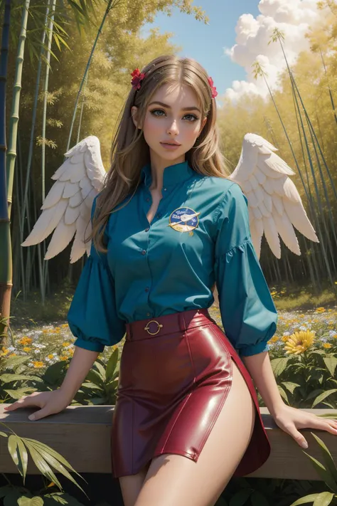 Instagram_Influencer_99_By_Stable_Yogi, (comics art designed by Joe Jusko:0.9) , dark Digital painting, (Rainbow theme:0.7) , medium wide shot of a ([Raccoon:Space shuttle:4] Angel:1.3) - Romulan hybrid, the Raccoon is very Elevating and [Lush:Narrative:2], dressed in God Midi skirt and blouse, Kung fu pose, Supernova remnant background, lush flower field with Bamboo, Hazy conditions, deep focus, Ultra Real, Joyful, Darkpunk, studio lighting, 50mm, Provia, multidimensional, zebra print and Maroon dust particles, lots of details, beautiful