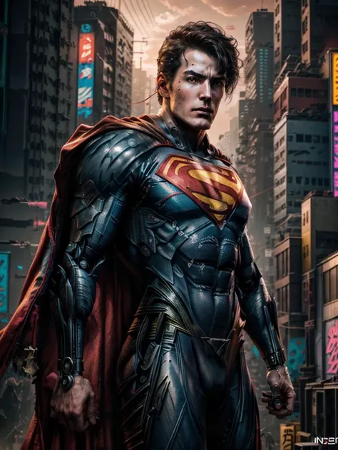 8k UHD, Photo by Nikon camera, masterpiece, (<lora:attire_superman:0.8> Superman, supermansuit, blue bodysuit, cape), male, man, watching viewer, 8k unreal engine render, cyberpunk, tech armor, glowing armor, neon armor, power armor, mechanical parts, tech parts, cyborg, robot, technological city full of neons, cyberpunk city, neon city, glow, action shot, detailed eyes, very vivid lighting, detailed, (vibrant, photo realistic, realistic, dramatic, dark, sharp focus), <lora:Cyberpunk_style:0.75> Cyberpunk Style, <lora:more_details:0.8>, <lora:improve_backgrounds:0.75>
