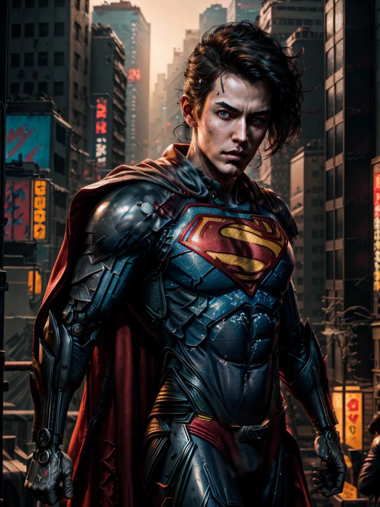 8k UHD, Photo by Nikon camera, masterpiece, (<lora:attire_superman:0.8> Superman, supermansuit, blue bodysuit, cape), (male), (man), watching viewer, 8k unreal engine render, cyberpunk, tech armor, glowing armor, neon armor, power armor, mechanical parts, tech parts, cyborg, robot, technological city full of neons, cyberpunk city, neon city, glow, action shot, detailed eyes, very vivid lighting, detailed, (vibrant, photo realistic, realistic, dramatic, dark, sharp focus), <lora:Cyberpunk_style:0.75> Cyberpunk Style, <lora:more_details:0.8>, <lora:improve_backgrounds:0.75>