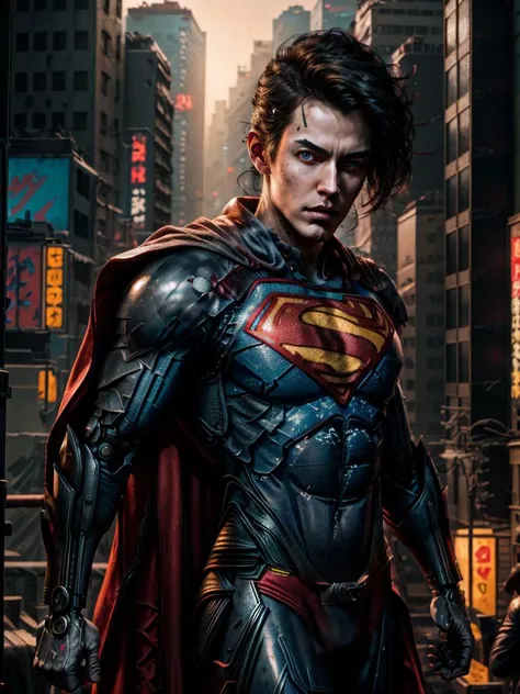 8k UHD, Photo by Nikon camera, masterpiece, (<lora:attire_superman:0.8> Superman, supermansuit, blue bodysuit, cape), (male), (man), watching viewer, 8k unreal engine render, cyberpunk, tech armor, glowing armor, neon armor, power armor, mechanical parts, tech parts, cyborg, robot, technological city full of neons, cyberpunk city, neon city, glow, action shot, detailed eyes, very vivid lighting, detailed, (vibrant, photo realistic, realistic, dramatic, dark, sharp focus), <lora:Cyberpunk_style:0.75> Cyberpunk Style, <lora:more_details:0.8>, <lora:improve_backgrounds:0.75>