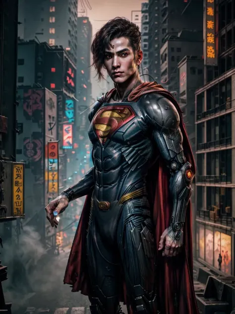 8k UHD, Photo by Nikon camera, masterpiece, (<lora:attire_superman:0.8> Superman, supermansuit, blue bodysuit, cape), (male), (man), watching viewer, 8k unreal engine render, cyberpunk, tech armor, glowing armor, neon armor, power armor, mechanical parts, tech parts, cyborg, robot, technological city full of neons, cyberpunk city, neon city, glow, action shot, detailed eyes, very vivid lighting, detailed, (vibrant, photo realistic, realistic, dramatic, dark, sharp focus), <lora:Cyberpunk_style:0.75> Cyberpunk Style, <lora:more_details:0.8>, <lora:improve_backgrounds:0.75>