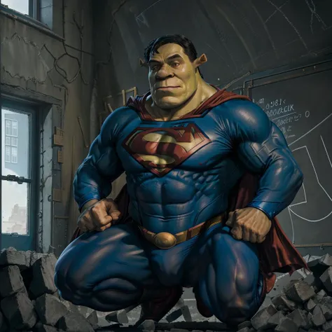 <lora:attire_superman-11:0.75>supermansuit,blue bodysuit,cape,photo of shrk superman, classroom, blackboard, 8k uhd, dslr, high quality, film grain, Fujifilm XT3, <lora:Shrek_remasteredV1:0.85>,lora:BrolyCuloMeme:0.95>,BrolyCuloMeme,squatting, ass, muscular,